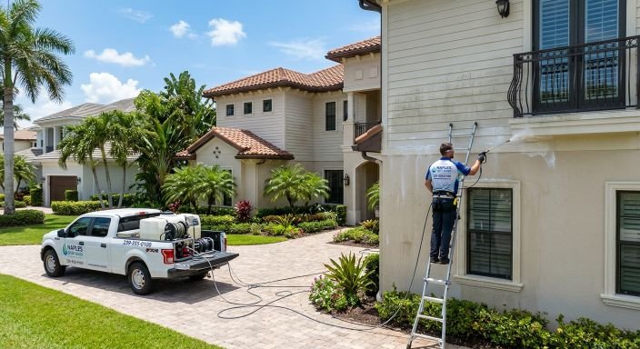 Soft wash exterior siding cleaning in Naples FL