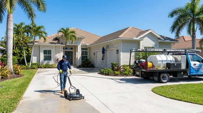Exterior concrete cleaning project in Naples FL
