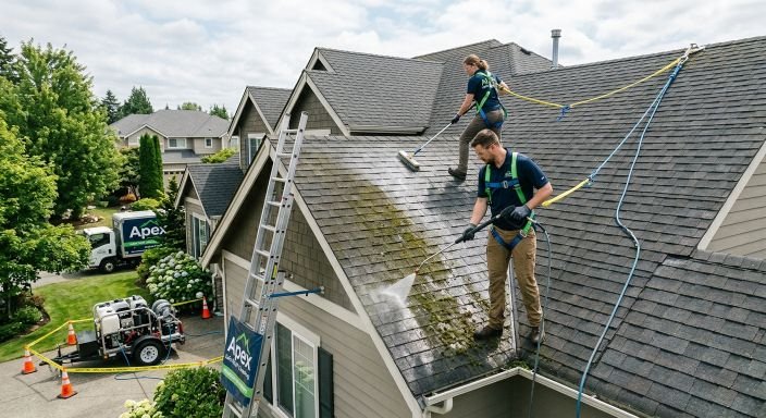 Professional technicians performing safe soft wash tile roof cleaning in Naples FL