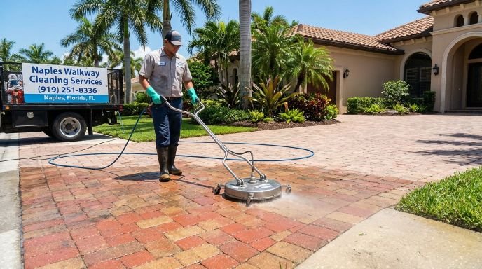 Professional walkway cleaning and sidewalk pressure washing in Naples FL using surface cleaner