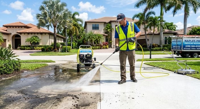 Professional concrete driveway cleaning in Naples FL showing before and after pressure washing results with technician and equipment