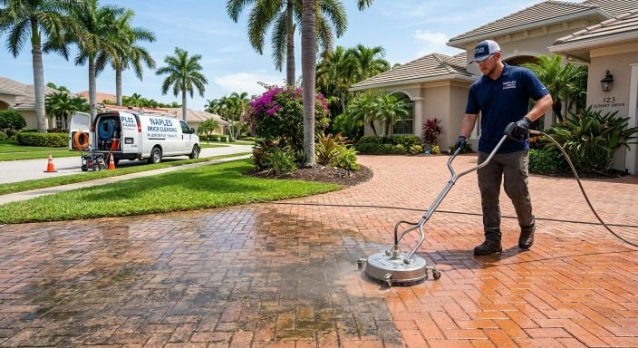 Professional brick and paver cleaning in Naples FL driveway after restoration