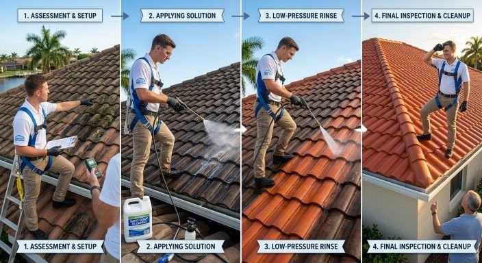 Soft wash roof cleaning process steps in Naples Florida