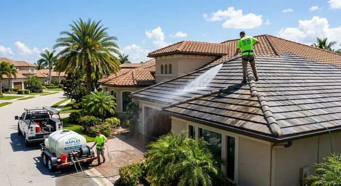 Professional soft wash roof cleaning on a tile roof in Naples FL