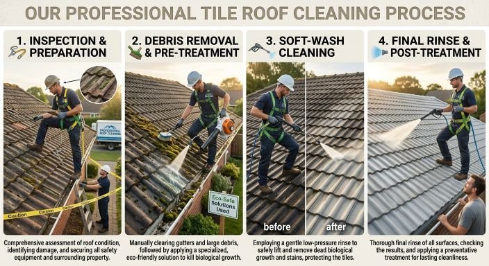 Our professional 4-step tile roof cleaning process in Naples FL - inspection, soft wash, rinse and protection