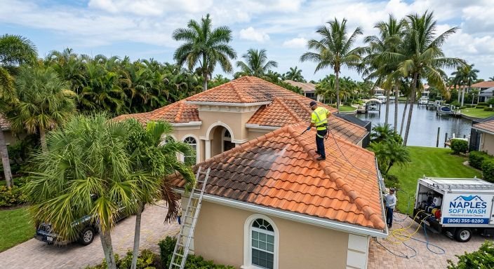 Soft washing orange tile roof in Naples FL with technician and company truck