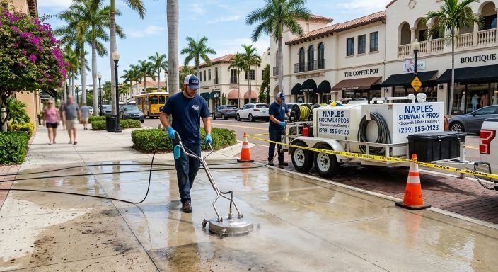 Naples sidewalk cleaning team restoring concrete walkway with professional equipment