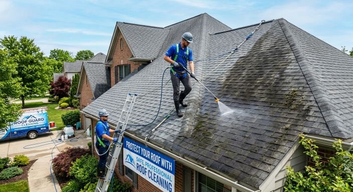 Two technicians soft washing a dark shingle roof with safety gear