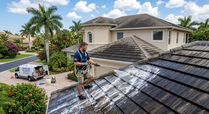 Professional roof soft washing technician cleaning tile roof in Naples FL
