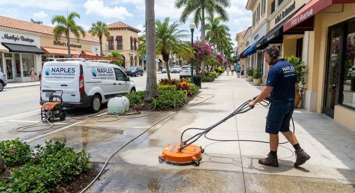 Commercial sidewalk cleaning on Fifth Avenue Naples FL with surface cleaner and branded van