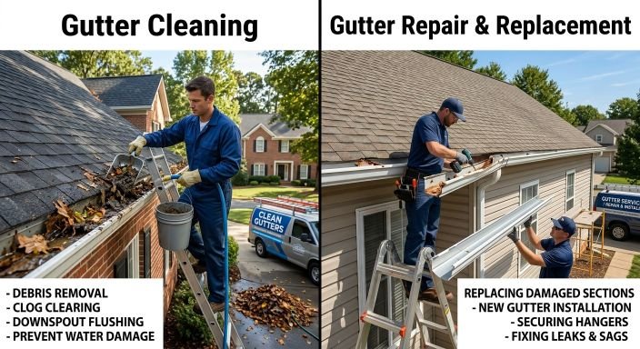 Side-by-side comparison of gutter cleaning and gutter repair services in Naples Florida