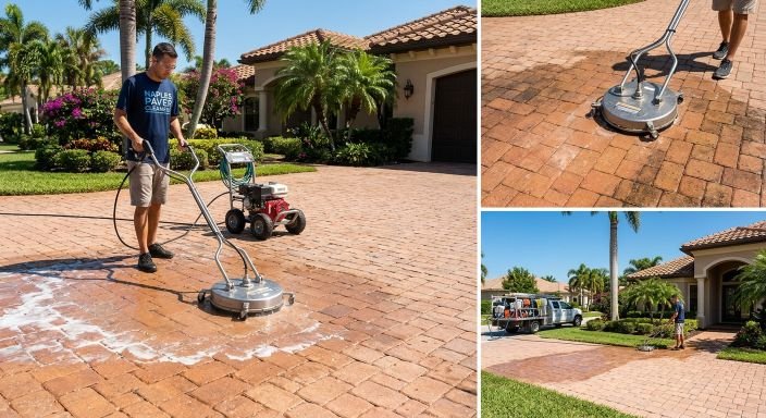 Professional paver cleaning results in Naples FL showing restored driveway and pool deck