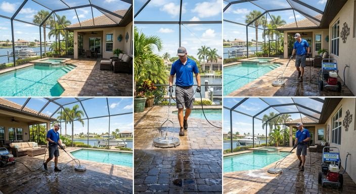 Professional cleaning of a screened pool lanai and paver patio in Naples, Florida