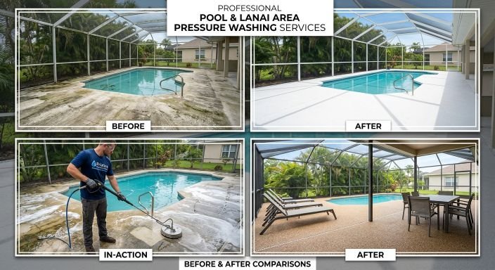 Before and after examples of pool and lanai area cleaning