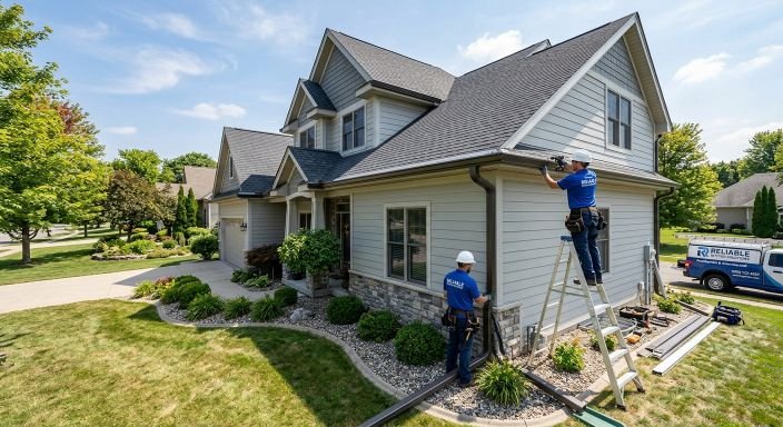 Professional technicians cleaning gutters and downspouts on a Naples home
