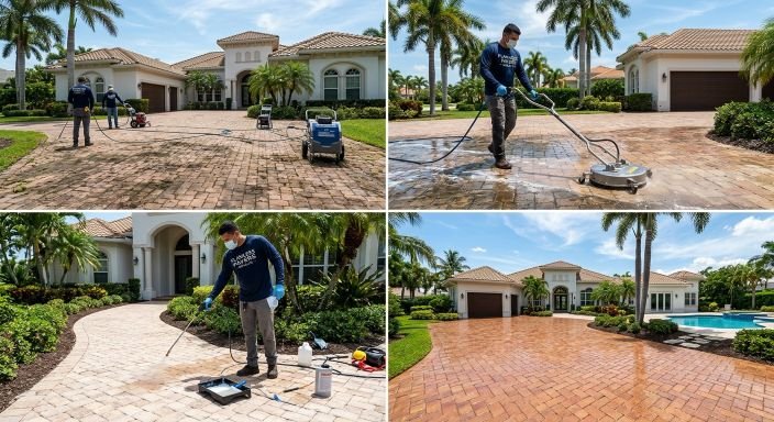 Before and after paver cleaning showing removal of algae and stains in Naples Florida
