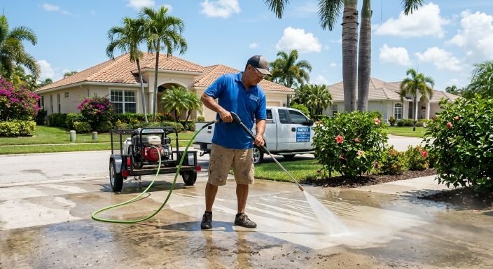 Professional construction and exterior cleaning crew working on a Naples FL property