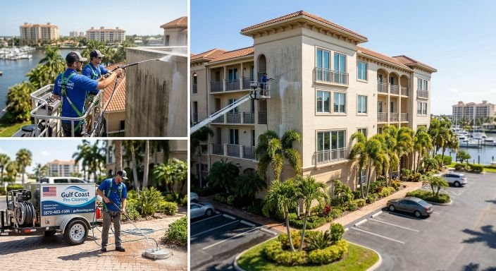 Professional building exterior cleaning Naples FL multi-story commercial property