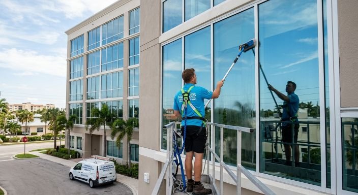 Professional commercial window cleaning on a multi-story office building in Naples FL